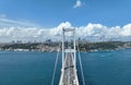 Istanbul Bosphorus Bridge and City Skyline in Background with Turkish Flag at Beautiful Sunset, Aerial slide orbiting Royalty Free Stock Photo