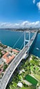 Istanbul Bosphorus Bridge and City Skyline in Background with Turkish Flag at Beautiful Sunset, Aerial slide orbiting Royalty Free Stock Photo