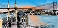 Istanbul Bosphorus bridge colored illustration