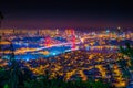 Istanbul Bosphorus Bridge at sunset with beautiful illumination. Night view from Camlica Hill. Istanbul, Turkey. Royalty Free Stock Photo