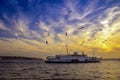 Istanbul Bosphorus evening, sunset ferry and seagulls