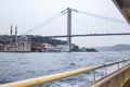 Istanbul bridge and mosque from river boat in cloudy afternoon.