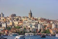 Istanbul city panorama with famous Galata tower on hill and numerous ships and boats floating along Bosphorus