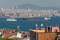 Istanbul cityscape with heavy cargo ship and cruise ship on Bosporus