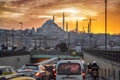 Istanbul Cityscape, Traffic with Mosque background at Sunset