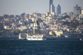 In Istanbul, ferries operate on the Bosphorus line. Traditional old steamers. Cloud weather in the background and the Anatolian