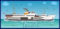 Istanbul Ferry illustration with istanbul silhouette. Traditional Turkish steamboat. Seagulls