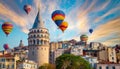 Istanbul Galata Tower and hundreds of colorful hot air balloons in the sky