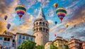 Istanbul Galata Tower and hundreds of colorful hot air balloons in the sky