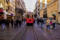 Istanbul, Istiklal Street / Turkey - 04.04.2019: Istiklal Street Iconic Tram Railway, Bright Day Spring Time