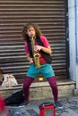 Istanbul, Istiklal Street / Turkey 9.5.2019: Street Musician Performing Saxophone in the Istiklal Street