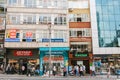 Istanbul, June 14, 2017: A crowd of people walk down the street on the background of building with lot of shops and cafe Royalty Free Stock Photo