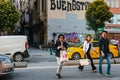 Istanbul, June 15, 2017: A group of people cross the road in a prohibited place exposing their lives to danger