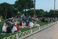 Istanbul, June 16, 2017: Many people of the Islamic religion take food on the Sultanahmet square next to the blue mosque