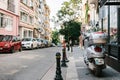 Istanbul, June 14, 2017: Pespective view down the road on passage street with parked vehicles in Kadikoy district.