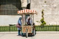 Istanbul, June 15, 2017: Pretty muslim woman in hijab purchasing roasted chestnuts from friendly street vendor