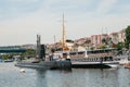 Istanbul, June 17, 2017: A submarine and a ship near the shore next to apartment buildings in the European part of the