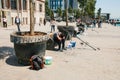 Istanbul, June 17, 2017: Traditional Turkish fishing hobby. A fisherman is a local resident who is tired or frustrated