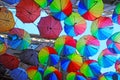 Istanbul, Karakoy / Turkey - 04.04.2019: Colorful Umbrellas Decorated top of the Karakoy Street in the Istanbul, Street Decoration