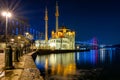 Istanbul landscape at night. Ortakoy Mosque and bosphorus bridge