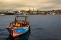 Istanbul landscape, small boat sea, mosque and Galata Bridge