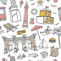 Antalya symbols. Hand drawn vector seamless pattern with outline doodles in pink, grey, yellow colors on white background.