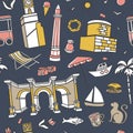 Antalya symbols. Hand drawn vector seamless pattern with outline doodles on dark blue background.