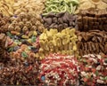 Istanbul shops selling dried fruit in the corn market in Turkey. They sell nuts. Sweet and sweet. Royalty Free Stock Photo