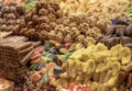 Istanbul shops selling dried fruit in the corn market in Turkey. They sell nuts. Sweet and sweet. Royalty Free Stock Photo