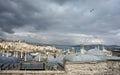 Istanbul from Suleymaniye Mosque, with the Bosphorus Strait and Galata Bridge and tower. Royalty Free Stock Photo