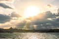 Istanbul and sunrays with dramatic clouds at sunset. Visit istanbul background Royalty Free Stock Photo