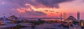 Istanbul sunset, beautiful panorama of the Hagia Sophia and the Blue Mosque, Turkey