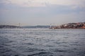 Istanbul at sunset, Turkey. Tourist boat sails on Golden Horn in summer. Beautiful sunny view of Istanbul waterfront