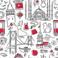 Vector seamless pattern with famous turkish symbols of Istanbul on white background