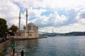 Istanbul and tourist. Ortakoy Mosque and Bosphorus Bridge with cloudy sky Royalty Free Stock Photo