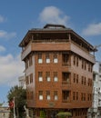 Istanbul, Turkey - April 29, 2022 - odd shaped building with wooden exterior Royalty Free Stock Photo