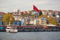 ISTANBUL, TURKEY - APRIL 25, 2023: Passenger ferry sails across the Bosphorus strait in Istanbul, Turkey