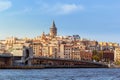View of the Galata Tower, Galata Bridge and the ancient district of Karakoy from Sultanahmet during sunset