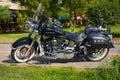 Istanbul; TURKEY, August 08, 2018: Brand new light black motorcycle with street of a Harley-Davidson Deluxe