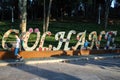 ISTANBUL, TURKEY - AUGUST 21, 2018: children play among big letters of name of Park Gulhane.