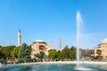 Istanbul, Turkey - August, 2018: Hagia Sophia Ayasofya museum with fountain in the Sultanahmet Park in Istanbul, Turkey during Royalty Free Stock Photo