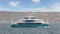 Modern ferry boat sailing in Bosphorus Strait with Bosphorus bridge in the background, Istanbul, Turkey