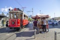 ISTANBUL, TURKEY - August, 05, 2019 - Istanbul nostalgic tramway, linking Taksim and Tunel via Istiklal Street. Royalty Free Stock Photo