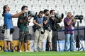 Istanbul, Turkey - August 14, 2019: Photojournalists and sports photographers shoot with cameras training session before the UEFA