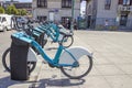 Istanbul, Turkey - August 05, 2019: Rental bicycles stand in a row on a parking. Ispark public bicycles rent.