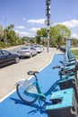 Istanbul, Turkey - August 05, 2019: Rental bicycles stand in a row on a parking. Ispark public bicycles rent.