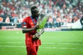 Istanbul, Turkey - August 14, 2019: Sadio Mane celebrates victory holding in his hands UEFA Super Cup after the match between