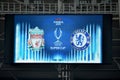 Istanbul, Turkey - August 14, 2019: Scoreboard at the stadium with a signboard match Liverpool vs Chelsea during the UEFA Super