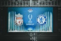 Istanbul, Turkey - August 14, 2019: Scoreboard at the stadium with a signboard match Liverpool vs Chelsea during the UEFA Super