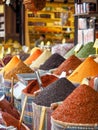 ISTANBUL, TURKEY - AUGUST 27, 2018: Spices Market Grand Bazaar with various traditional Turkish products: spices, condiments, chee